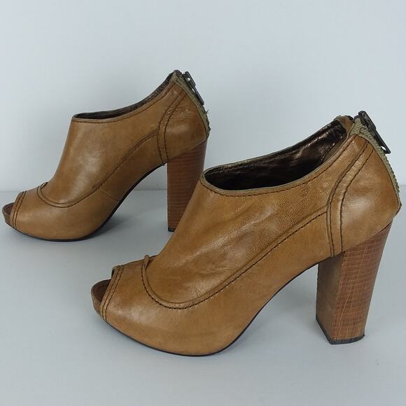 Apepazza Pavia Bootie 8.5 Tan Chunky Heel Distressed Leather Peeptoe Shoes Y2K‎ - Picture 1 of 12